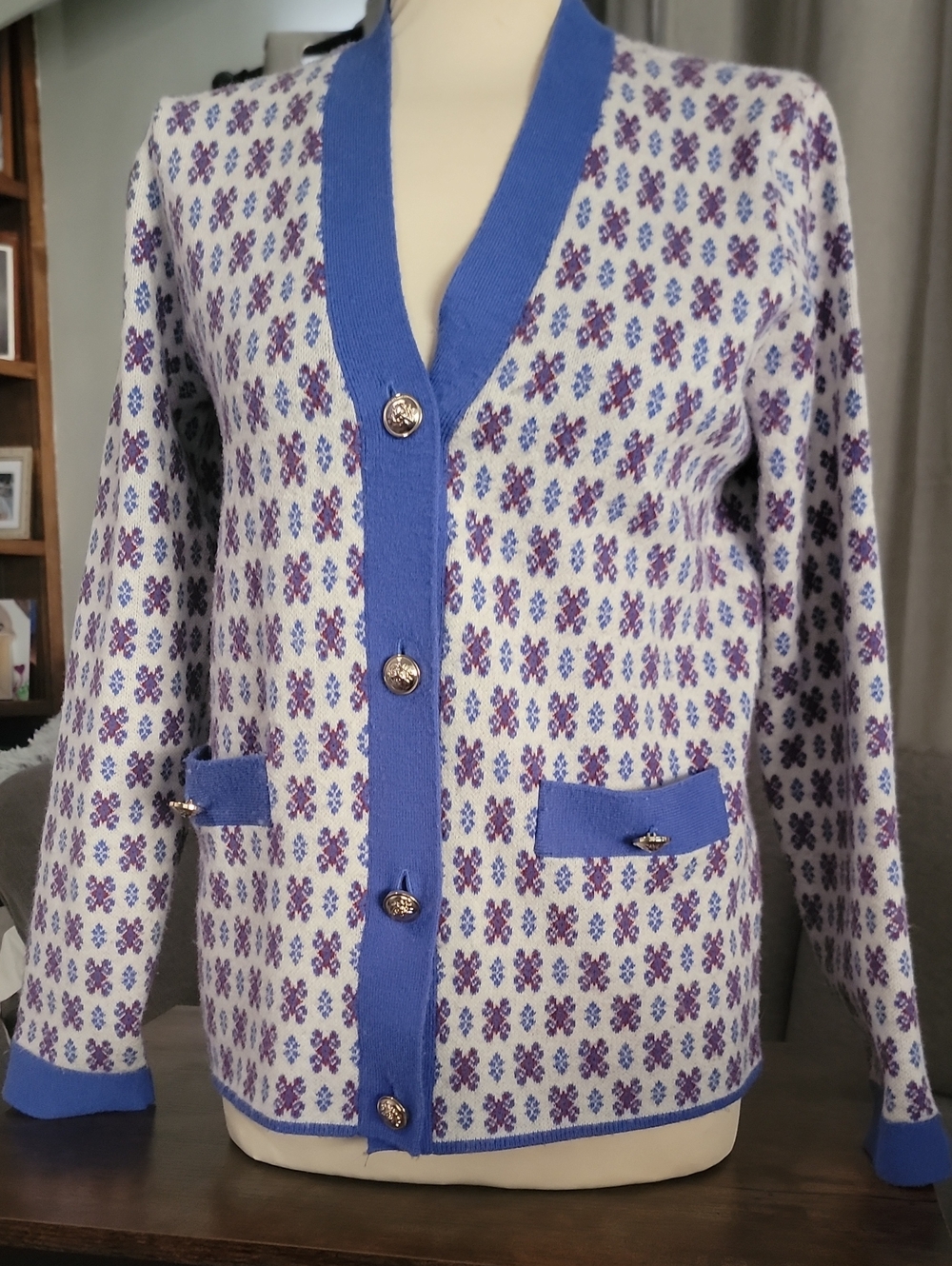 Classic Blue & White Patterned Women's Cardigan Sweater